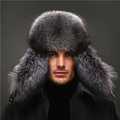 IANLAN Mens Full-pelt Blue Fox Fur Bomber Hats Real Raccoon Fur Earmuffs Hats Winter Outdoor Real Sheep Leather Caps IL00238 bomber crew beanie hat with full face covering Bomber Hats