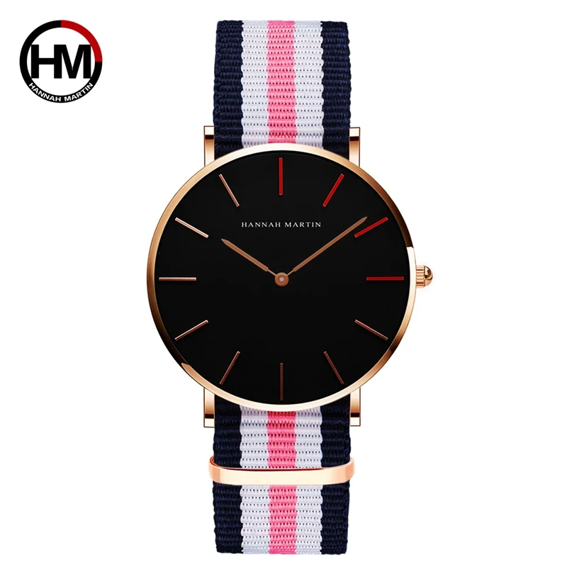 Бренд HANNAH MARTIN, японские кварцевые мужские водонепроницаемые наручные часы, модные роскошные ультра тонкие нейлоновые креативные женские часы - Цвет: 1230-HR40-F2