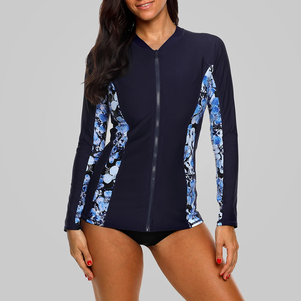 Charmleaks النساء سحاب أكمام طويلة Rashguard الأزهار طباعة ملابس السباحة تصفح أعلى طفح الحرس قمصان للجري UPF50 +