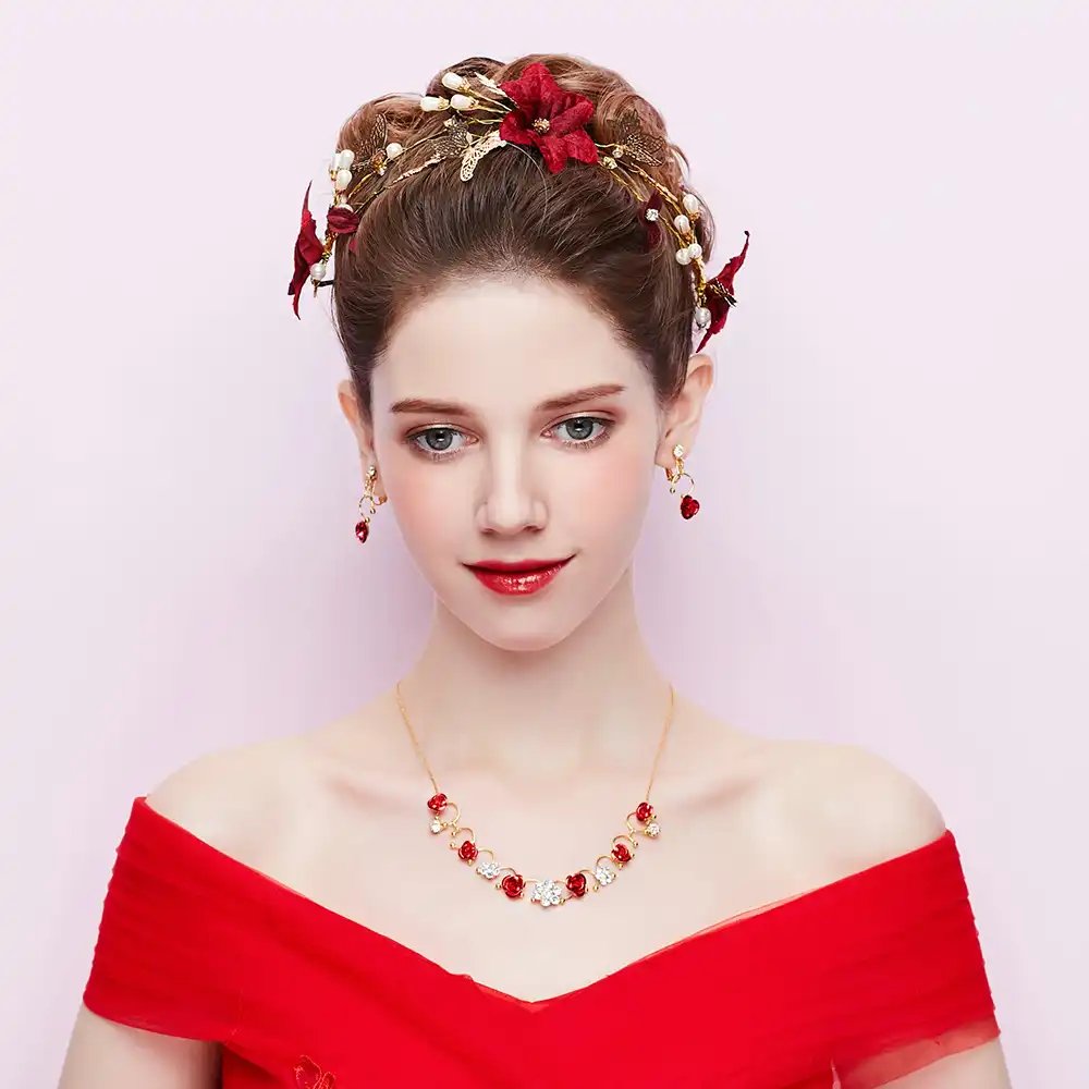 Red Flower Bridal Hairstyles Gold Leaves Butterfly Wedding Hair