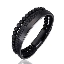 Neue 6MM Natürliche Stein Männer Armband Multi-schicht Handgemachte Gewebt Leder Seil Kette Edelstahl Armreif Männlichen Schmuck geschenke