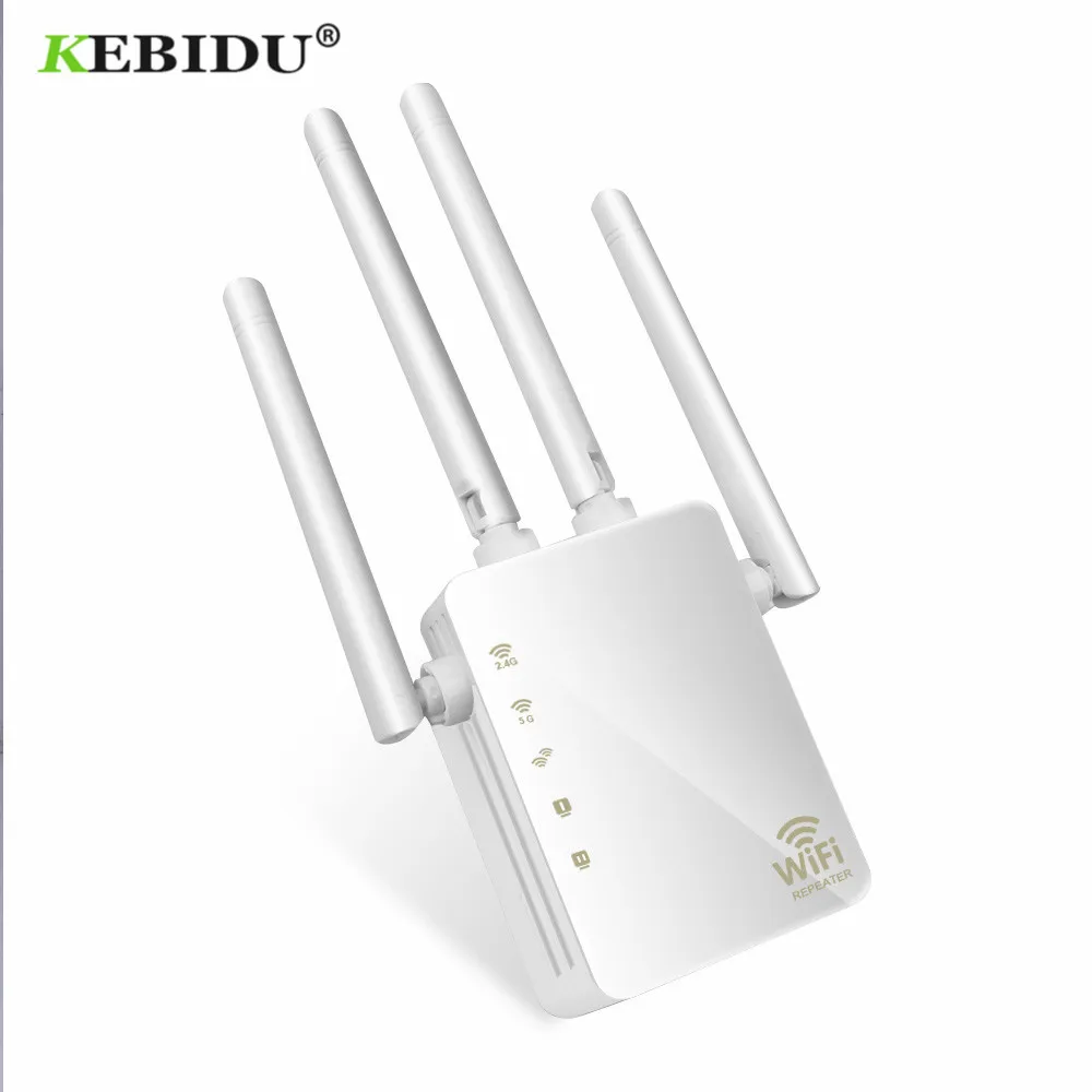 

KEBIDU Dual Band 2.4G / 5G Wireless Wifi Repeater AC 1200Mbps 4 High Antennas Bridge Signal Amplifier Wired Router wi fi Access