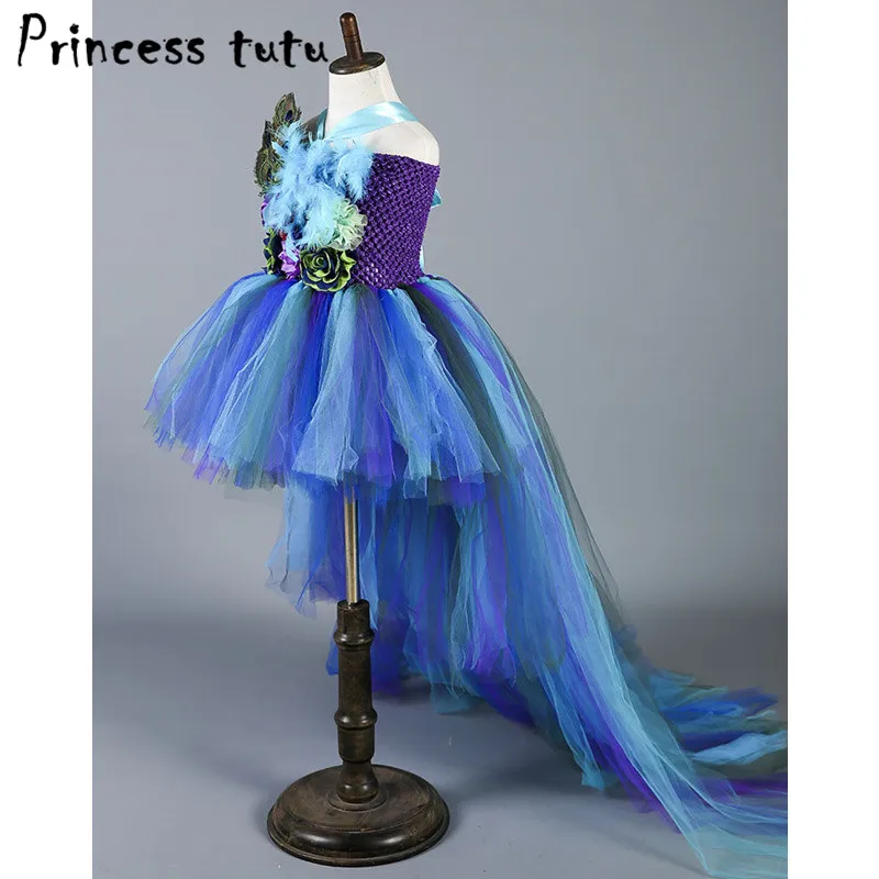 

Boutique Feather Flower Girl Party Dress Fashion Dresses Train Peacock Girls Birthday Dresses Kids Clothes Christmas W049