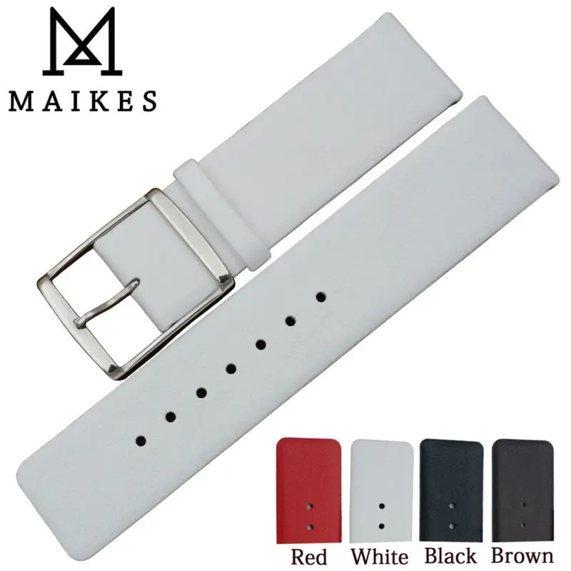 MAIKES New 16mm 18mm 20mm 22mm Genuine Leather Watch Band High Quality Thin White Watch Strap