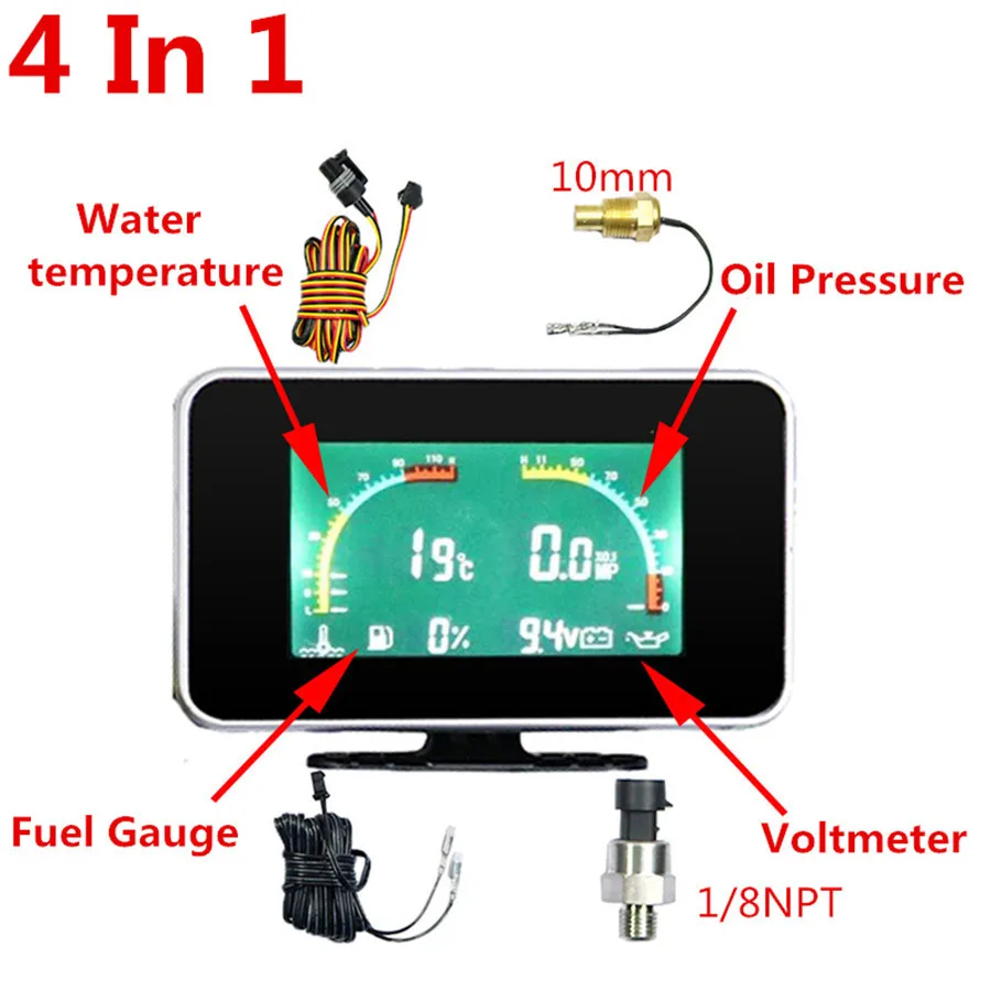 Multifunction LCD Car Water Temp Voltmeter Oil Pressure Oil Fuel Gauge w//Sensor
