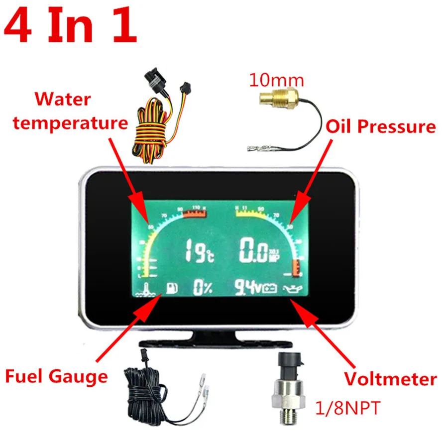 Автомобильный 4 в 1 ЖК-цифровой дисплей Вольтметр температура воды Датчик давления масла топлива с датчиком температуры Датчик давления масла
