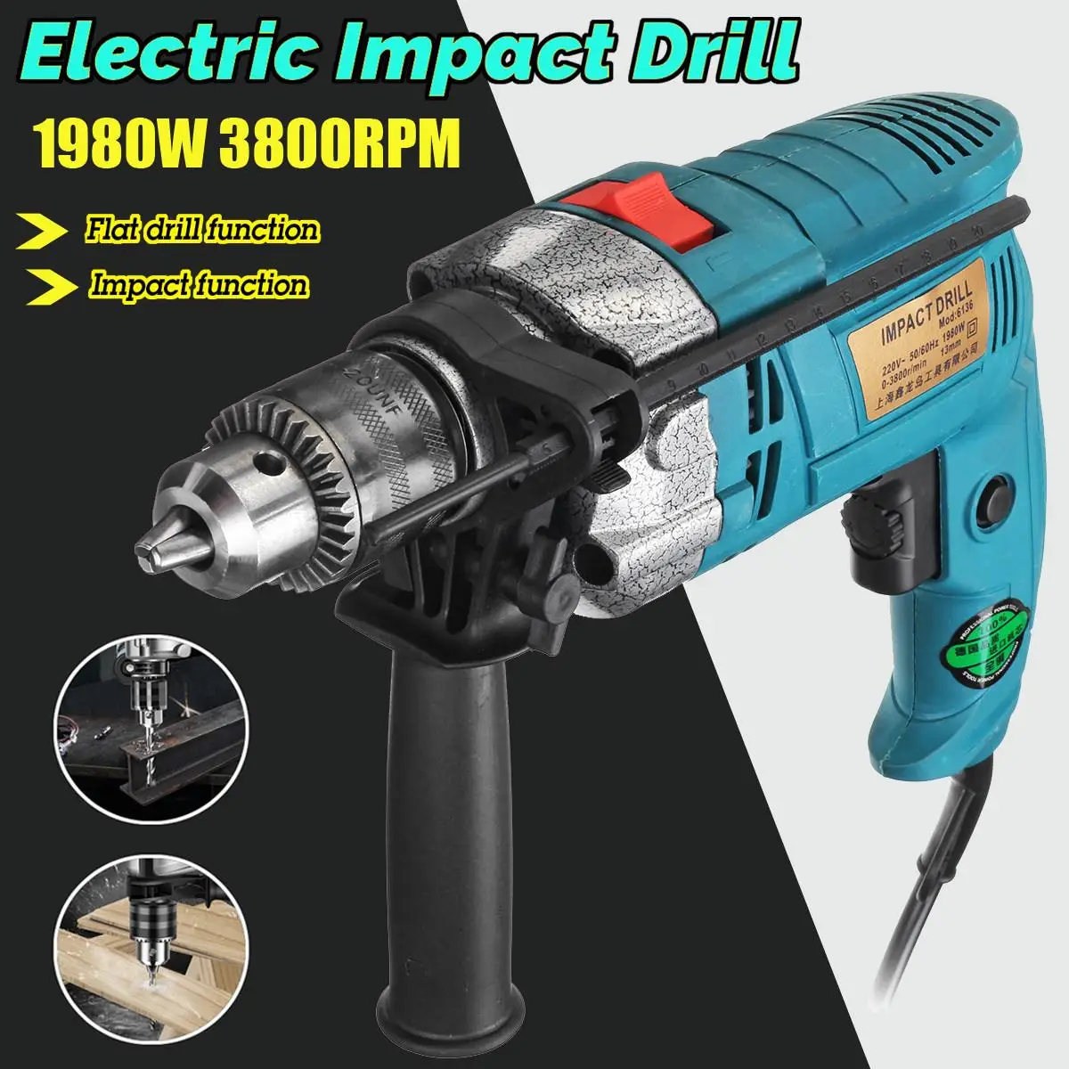 

1980W Electric Brushless 13MM Electric Handheld Impact Flat Drill Hammer Drill Impact Drill Multi-function Torque Driver Tool