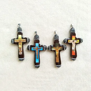 

5 pcs wood Cross Jesus pendant ,With Crystal rhinestone Zircon Paved charm ,For Jewelry Necklace Making PD191