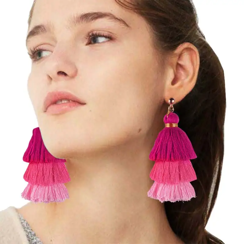 Layered Red Tassel Earrings Tiered Fuschia Long Big Statement Drop Earrings Women Everyday Boho