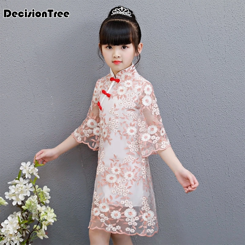 

2019 new fancy girls embrodeiry floral chiffon qipao kids chinese traditional flower pao girls formal cheongsam dresses