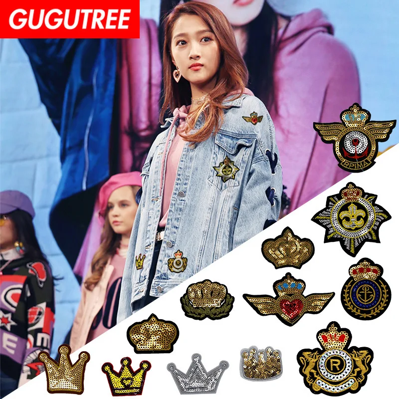 

GUGUTREE embroidery Sequins crown wings patches college patches badges applique patches for clothing XC-359