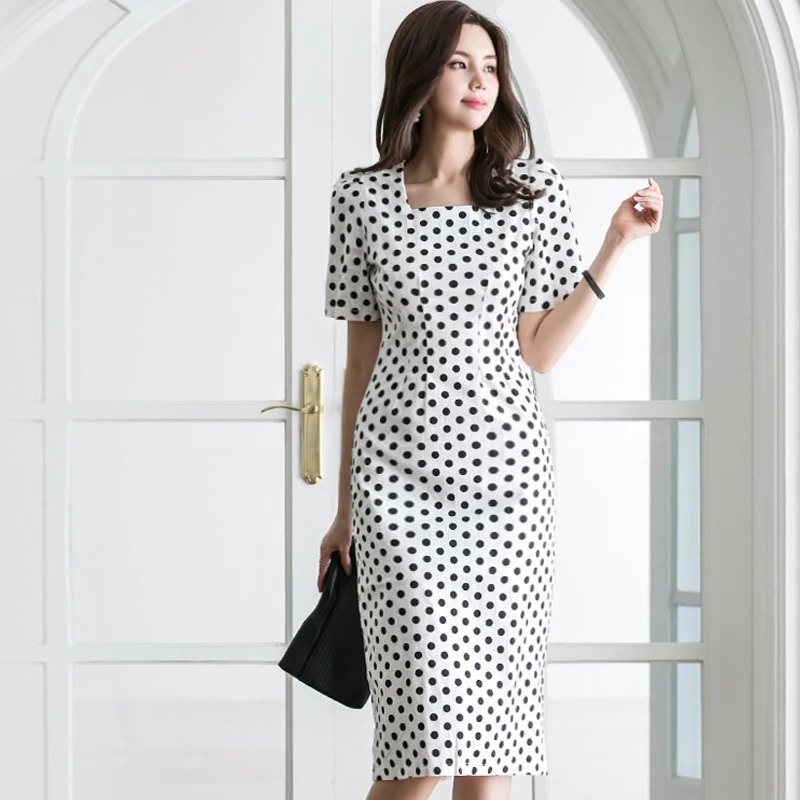 

Women Summer Dresses Elegant Office Lady Bodycon High Waist Polka Dots Female Fashion Dress
