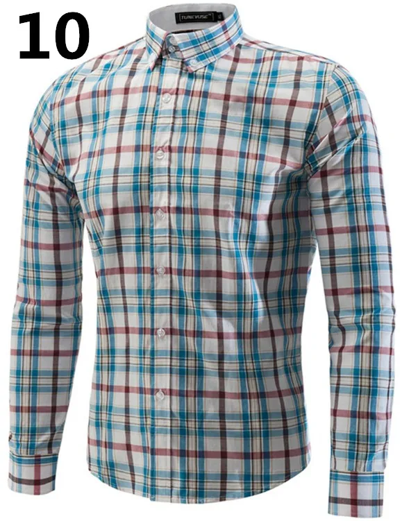 Мода размера плюс Повседневная полосатая клетчатая приталенная Мужская рубашка с длинным рукавом с принтом на пуговицах - Цвет: 10