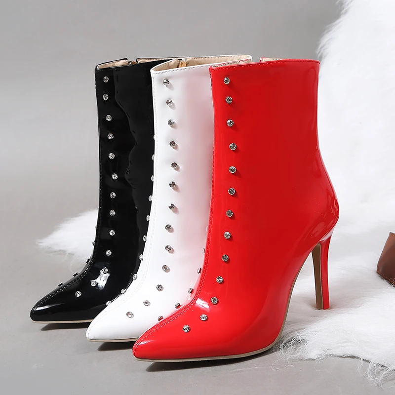 

High Quality Women Boots Autumn Winter Patent Leather red white Luxury Designers Crystal High Heel Female booties Size 33 34 43