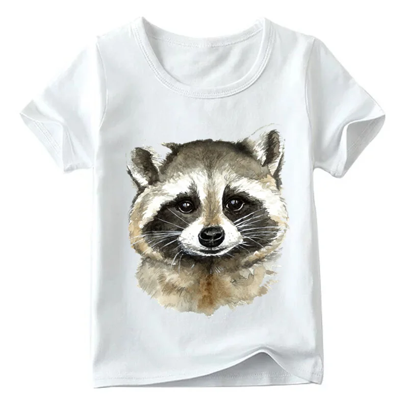 

2019 Boys/Girls Watercolor Raccoon Print Funny Tshirt Kids Summer Short Sleeve Tops Children Soft White T-shirt,HKP5058