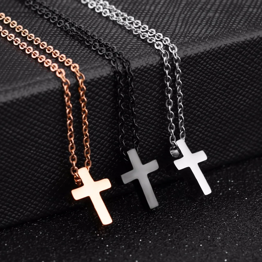 

JHSL Brand Mini Small Women Cross Charm Pendant necklace for girls stainless steel Black rose gold color cute fashion Jewelry