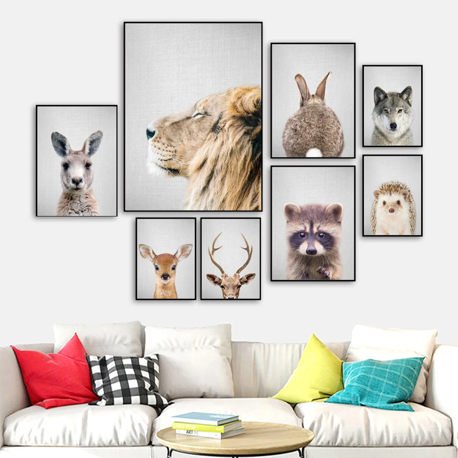 Лев, олень, енот, кролик, настенная живопись на холсте, скандинавский плакат и печать фотографии животных на стену, детская комната, скандинавский Декор