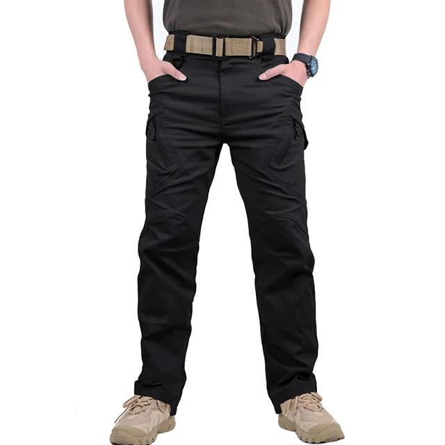 Новинка, Брендовые мужские тактические брюки IX9, с несколькими карманами, брюки-карго, военные армейские, с несколькими карманами, повседневные брюки, Pantalon hombre - Цвет: Черный