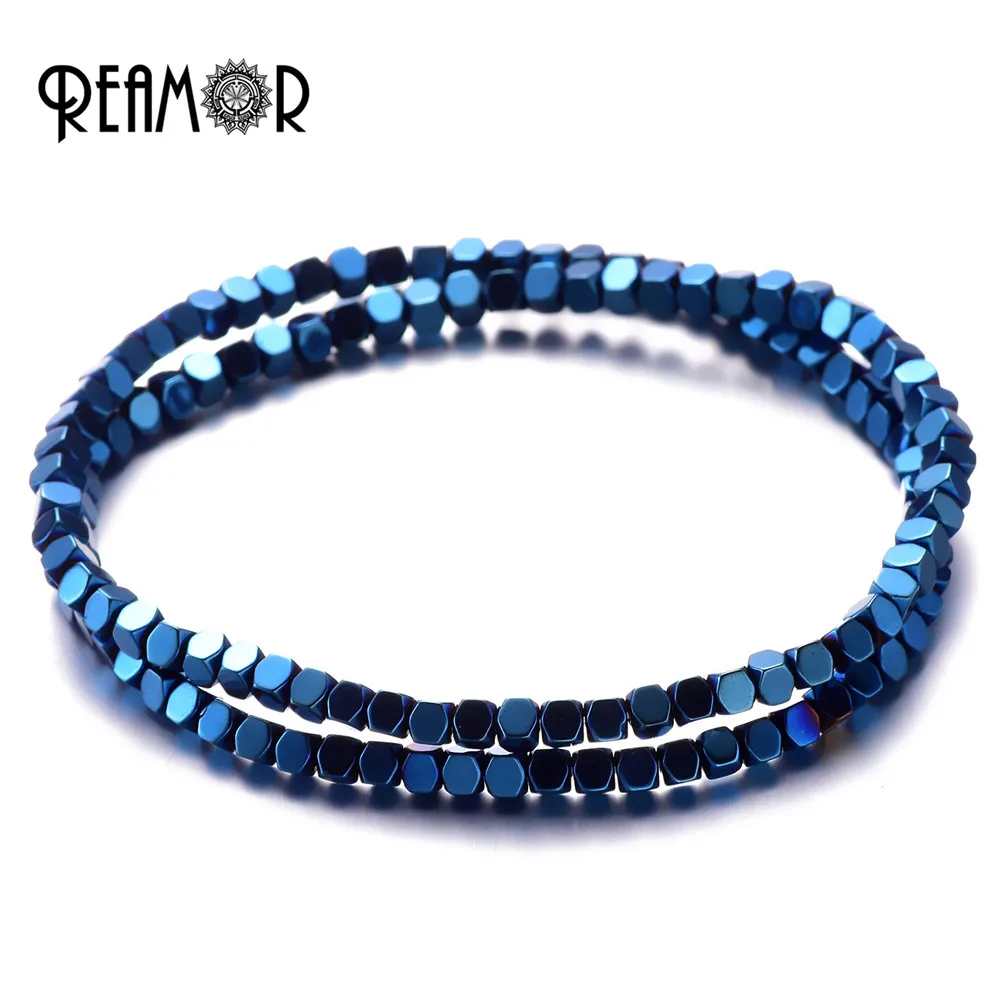 

REAMOR Fashion Double Layers Hematite Stone Bracelets Black Natural Stone Elastic Beaded Bracelet & Bangle Men's Jewelry