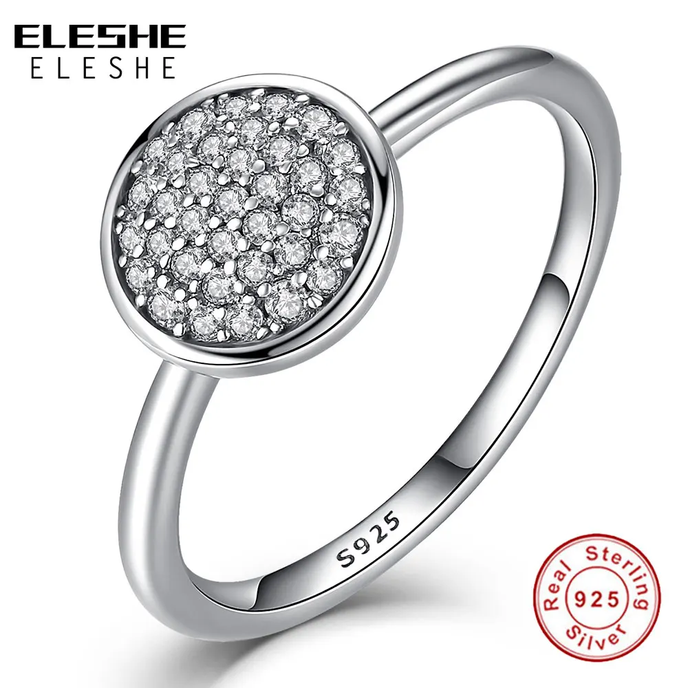 ELESHE 100% Real 925 Sterling Silver Signature Rings Clear CZ Circle Round Finger Rings for Women Wedding Engagement Jewelry