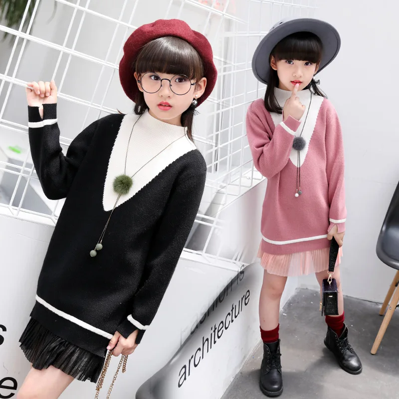 

Girls Dress 2017 Autumn Kids Dresses for teenagers Girls Clothes Dress knitted Sweater Dresses 4-12T Children Clothing Patchwork
