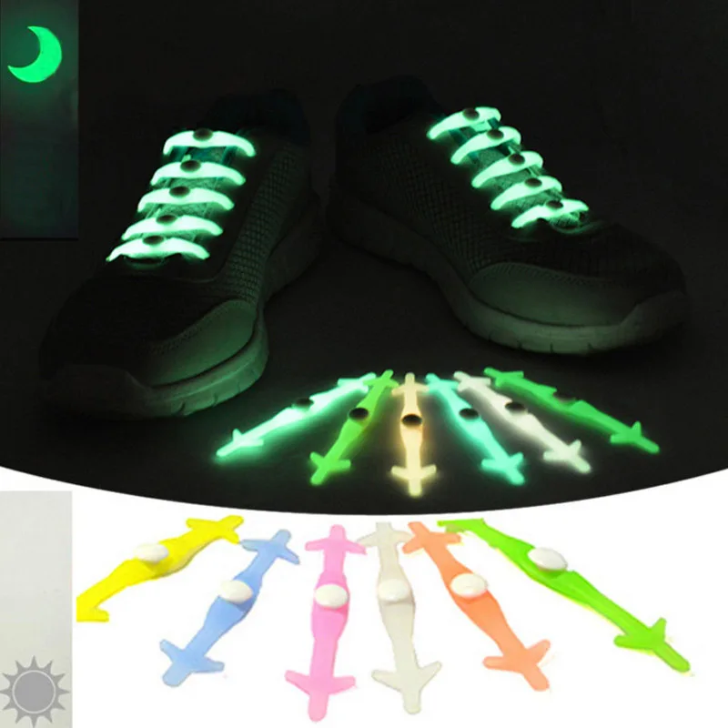 

12pcs/lot Silica Gel Luminous Shoe Laces Shark Fluorescent Lighting Sports Multi Size Retractable Noctilucent Elastic Shoelaces
