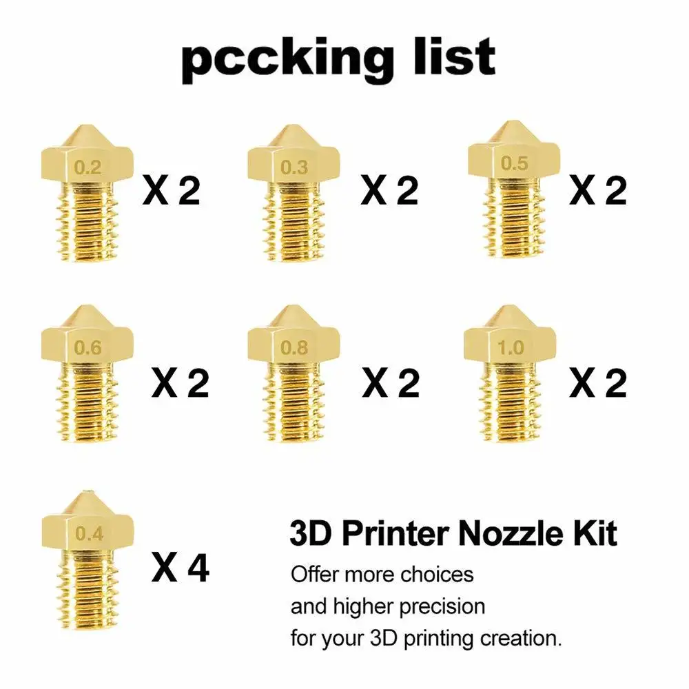 

3D Printer Nozzles 16 PCS M6 3D Printer 0.2mm 0.3mm 0.4mm 0.5mm 0.6mm 0.8mm 1.0mm Extruder Brass Nozzle Print Head for E3D V5 V6