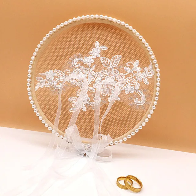 1pcs White Wood Lace Round Ring Pillow Holder Cushion Bearer Engagement Photo Props Wedding Decor Proposal Marriage Ring Pillow Deep Sapphire