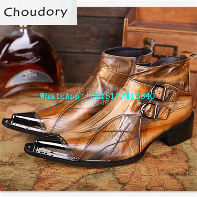 

Choudory Breathable Solid Buckle Strap Pointed Toe Motorcycle Boots Metal Decoration Chukka Ankle Boots Steel Toe Work Shoes Men