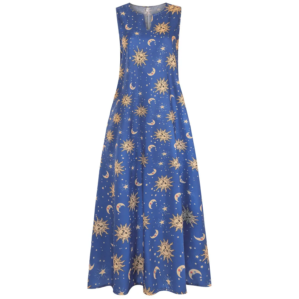 Платье для девочек для женщин; Большие размеры длинное платье Защита от солнца с изображением ясного звездного из набивной ткани, с Винтаж в богемном стиле Maxi Dress Vestidos d716