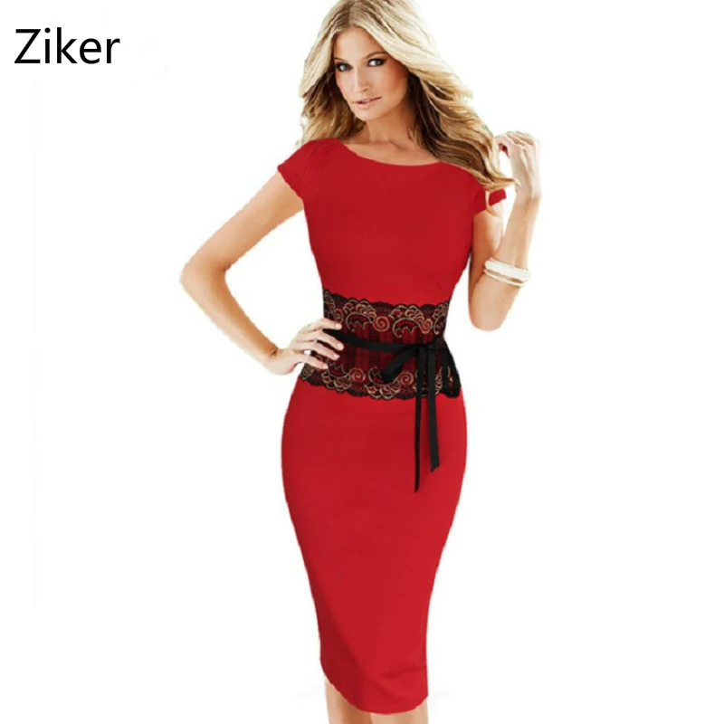 New Fashion Autumn Women Pencil Dresses O Neck Short Sleeve Lace Patchwork Bodycon Work Dress