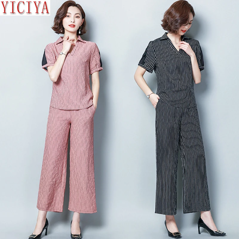 

Striped Co-ord Set Pink Outfits Set Tracksuits for Women Plus Size Large Xxxl 4xl 5xl Top and Pants Suits 2019 Summer Clothing