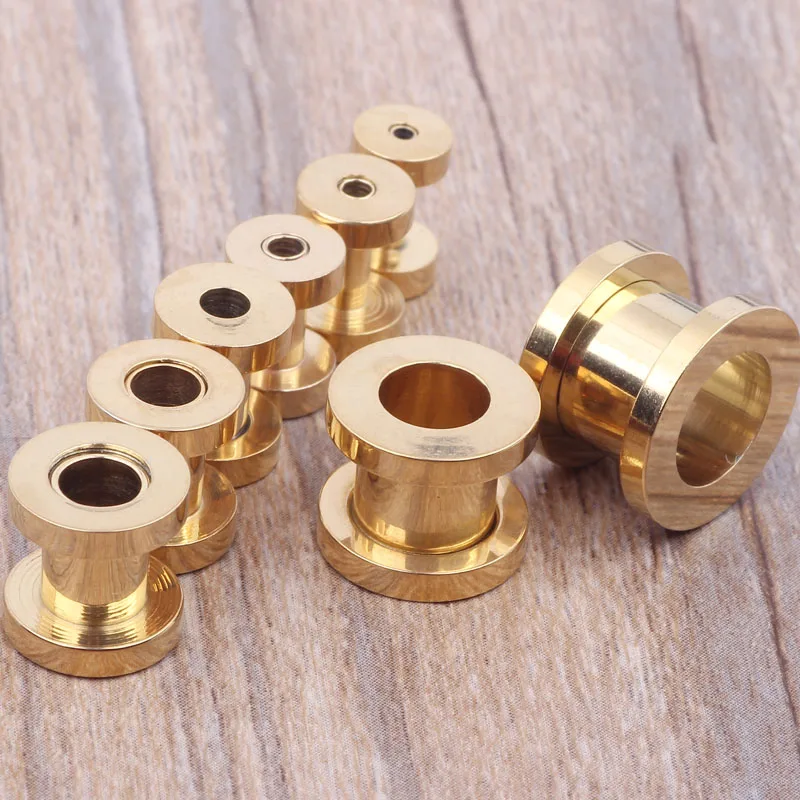 Stainless Steel Gold Ear Gauges Plugs and Flesh Tunnels Screw Ear