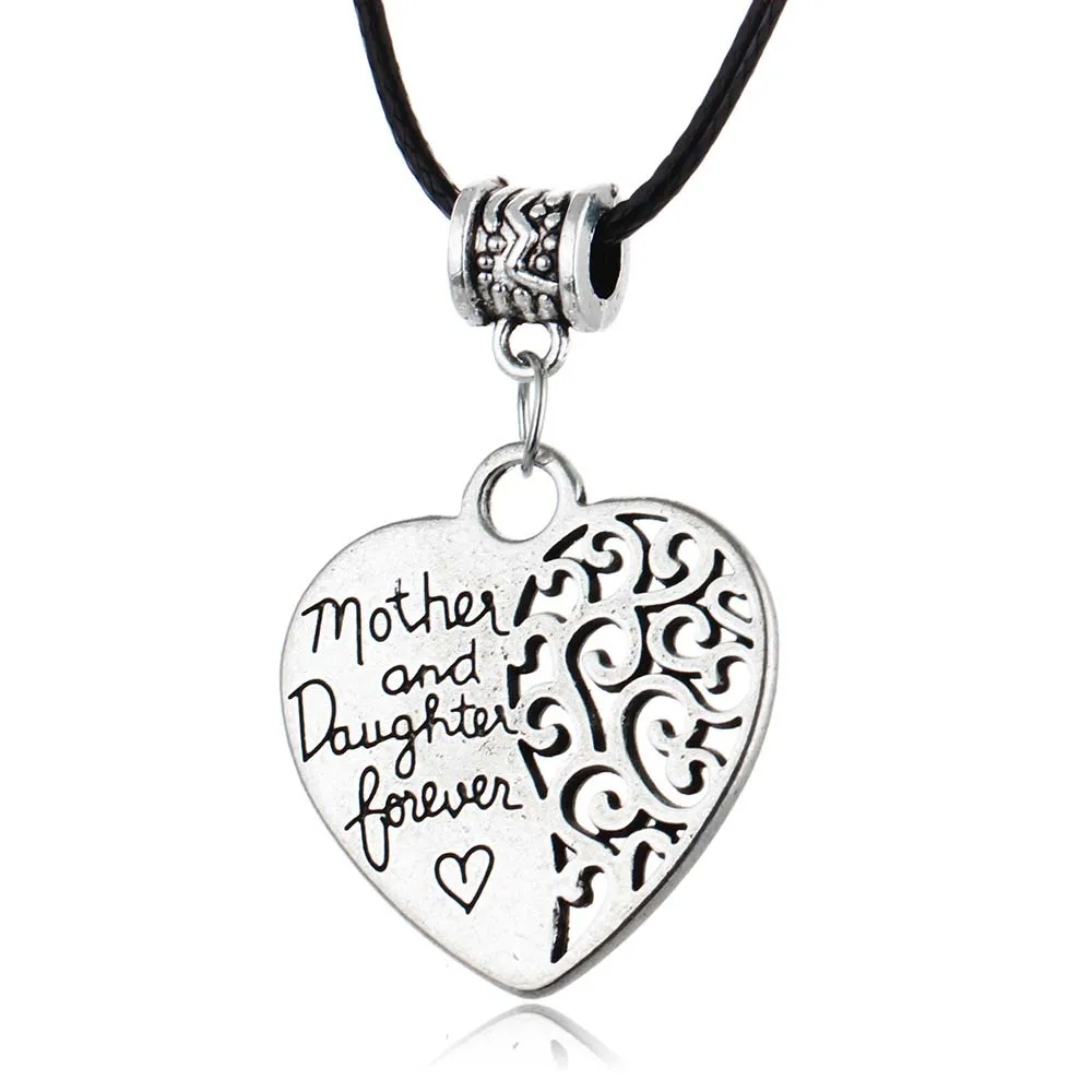 Hollow Heart Pendant Leather Chain Necklace Mother And Daughter Forever