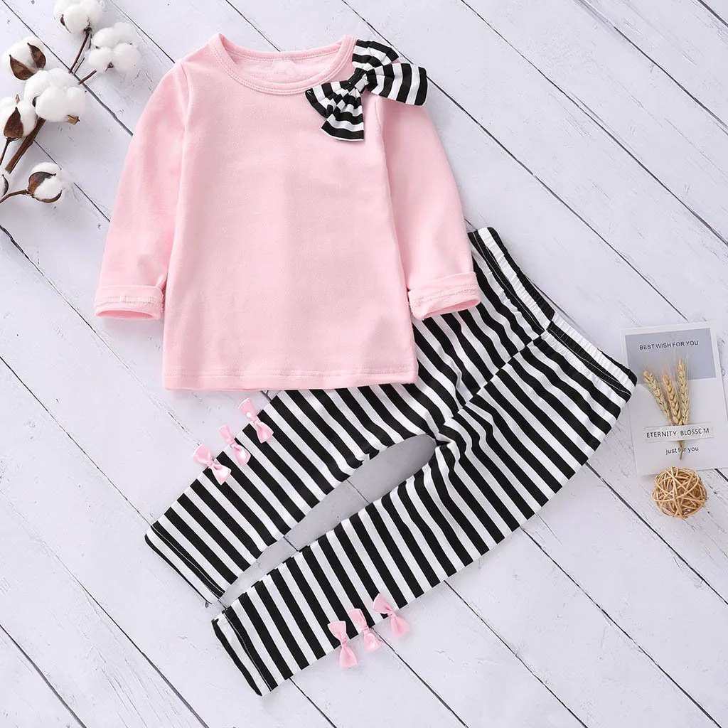 

Toddler Girl Kids Clothes Long Sleeve Bow T-shirt+Stripe Pants Outfits Set children's clothing kids clothes