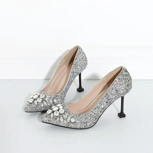 Annual sales Newest Silver Glitter Embellished High Heel Shoes Pointed