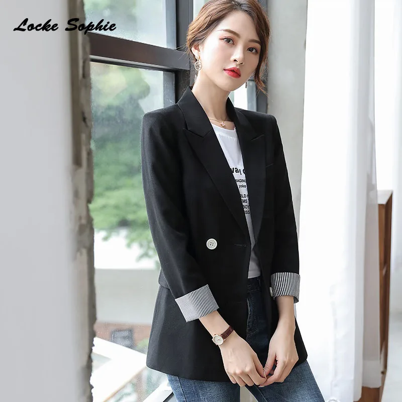 

1pcs Women's Plus size Blazers coats 2019 Autumn cotton blend Double-breasted Small Suits jackets ladies Skinny Blazers Suits