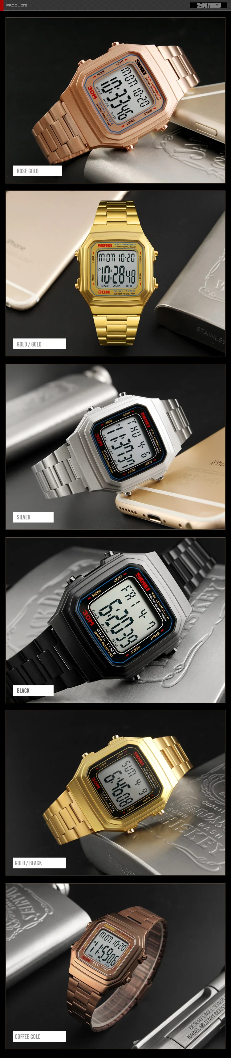 SKMEI Модные мужские спортивные цифровые часы хип-хоп из нержавеющей стали квадратные золотые водонепроницаемые наручные часы Relogio Masculino 1337