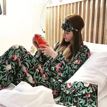 RenYvtil зеленая пижама с принтом граната и птицы, комплект из 4 предметов, женские шелковые пижамы с длинными рукавами, Ночная одежда, атласная одежда для сна