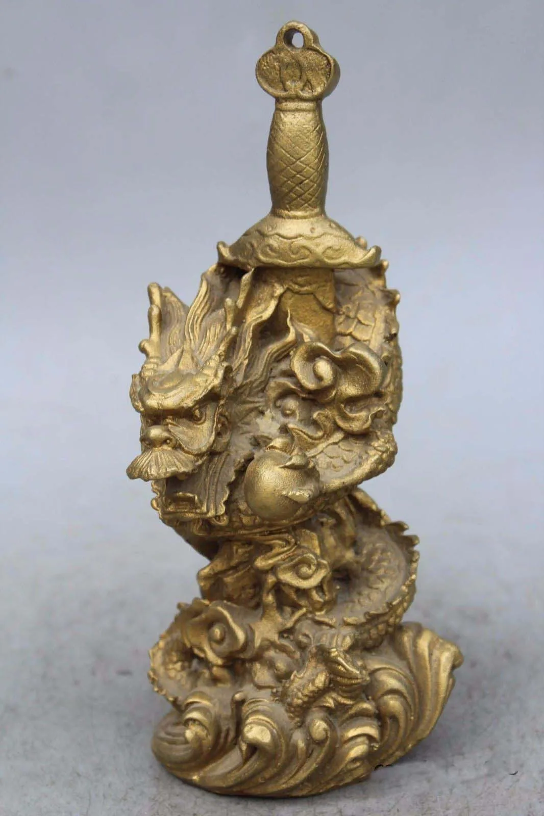 

Chinese Exorcise Evil spirits Brass Dragon Twine Sword Statue