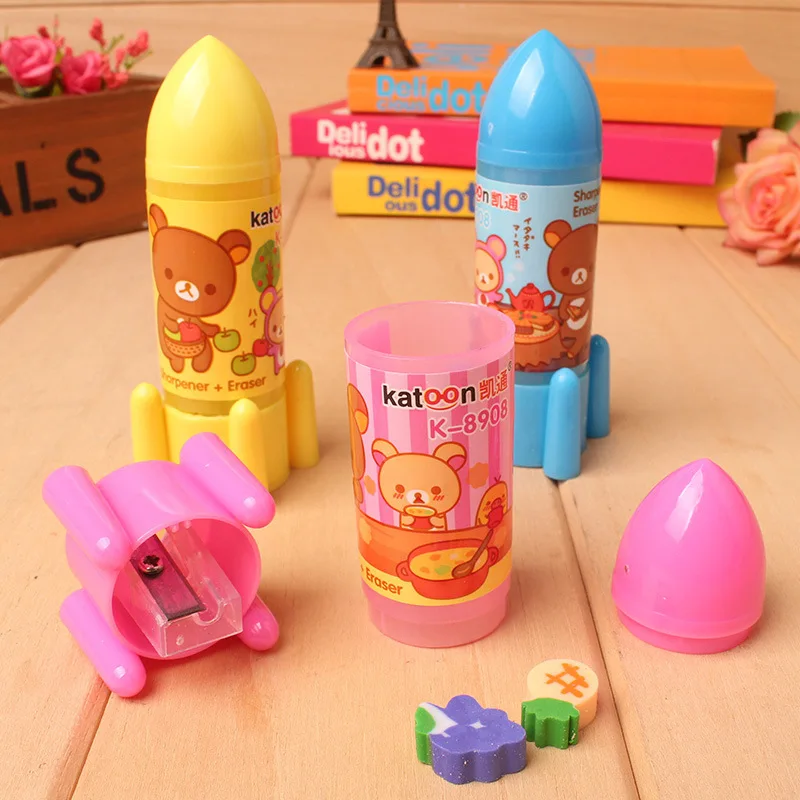 Cute Cartoon Animal Bear Rocket Shape Pencil Sharpener With Fruit