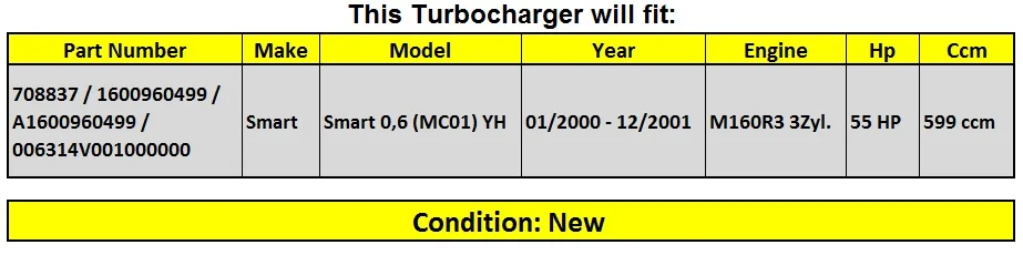 Турбонагнетатель garrett GT1238S turbo выполните 708837-0001 для смарт-МХК 0,6 MC01 YH 599 см 40 кВт 55 hp M160R3 3Zyl A1600960499