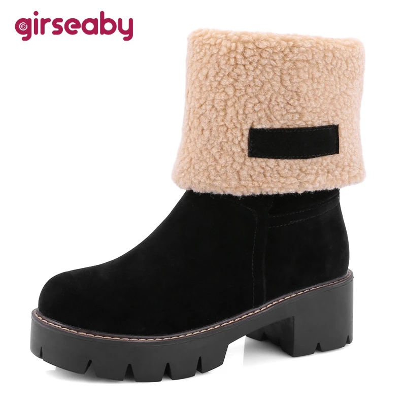

Girseaby Turned-over Edge Fashion Fur Snow Boots Women Flat Winter Shoes Plush Inside Warm Ladies Shoes Plus Size34-43F180