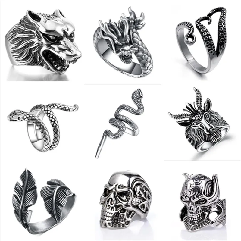 Готические кольца для мужчин в стиле панк Модные ретро череп волк дракон змея тигр животное мужское кольцо ювелирные изделия Аксессуары для Хэллоуина Anillo Hombre