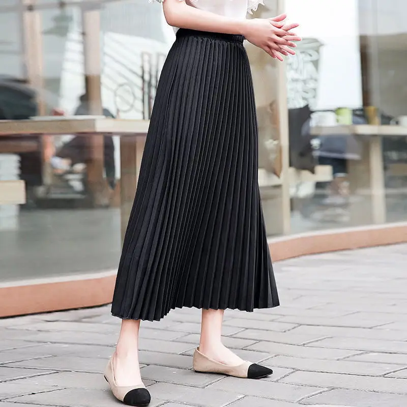 Best LANMREM 2019 new summer fashion women clothes 2019 Autumn Solid Color Long Fund Will Code Pleated Skirt High Waist Half body Skirt Woman Degree Of Tightness Waist Skirt