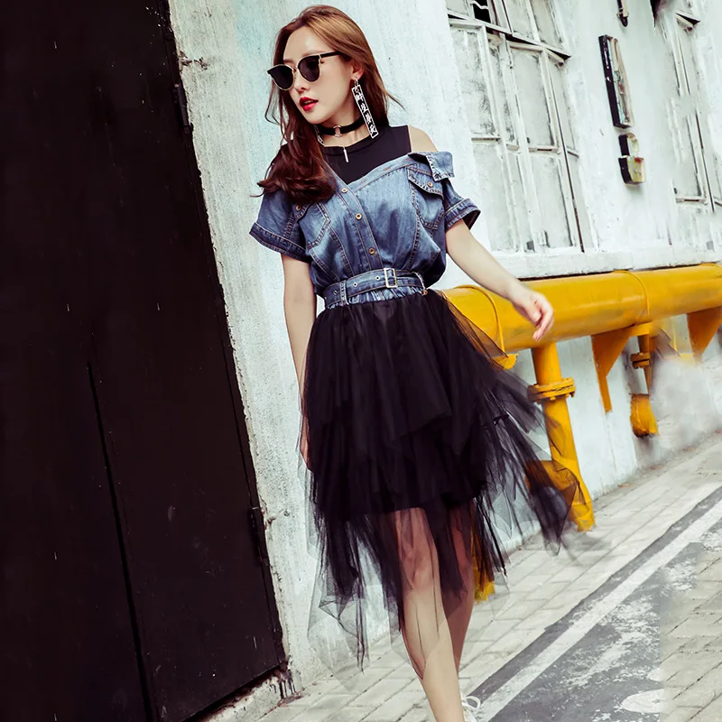 2020 Tulle Jean Mesh Spliced Dress With 