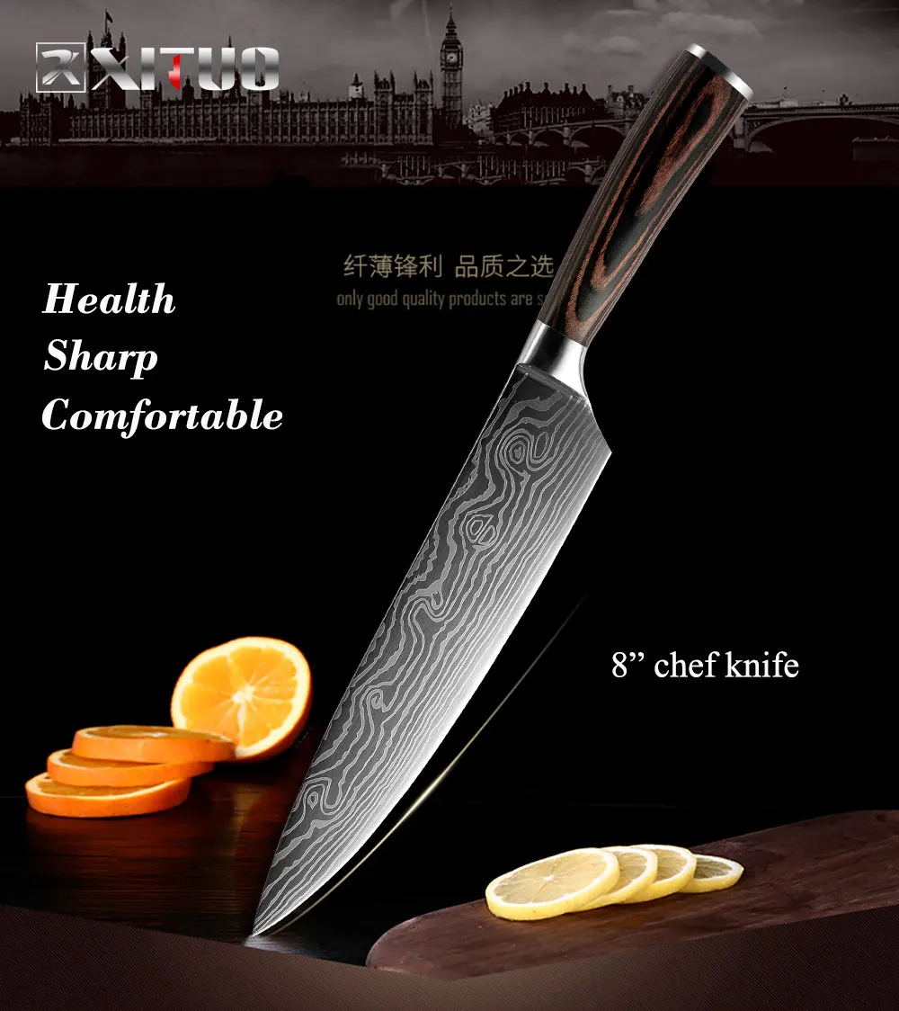 XITUO, высокое качество, 8 дюймов, нож шеф-повара, лазерная, дамасская сталь, Santoku, кухонные ножи, острый Кливер, нож для нарезки, подарок - Цвет: 8 inch chef knife