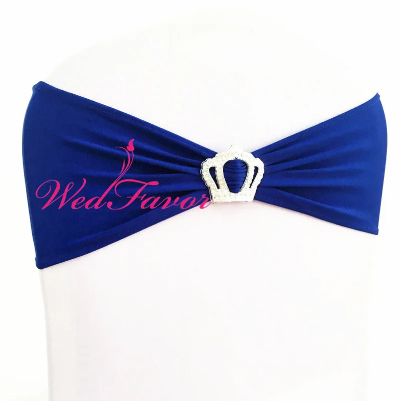 

100pcs Royal Blue Lycra Spandex Wedding Chair Cover Band With Crown Buckle Elastic Stretch Chair Bow Sash For Banquet Hotel