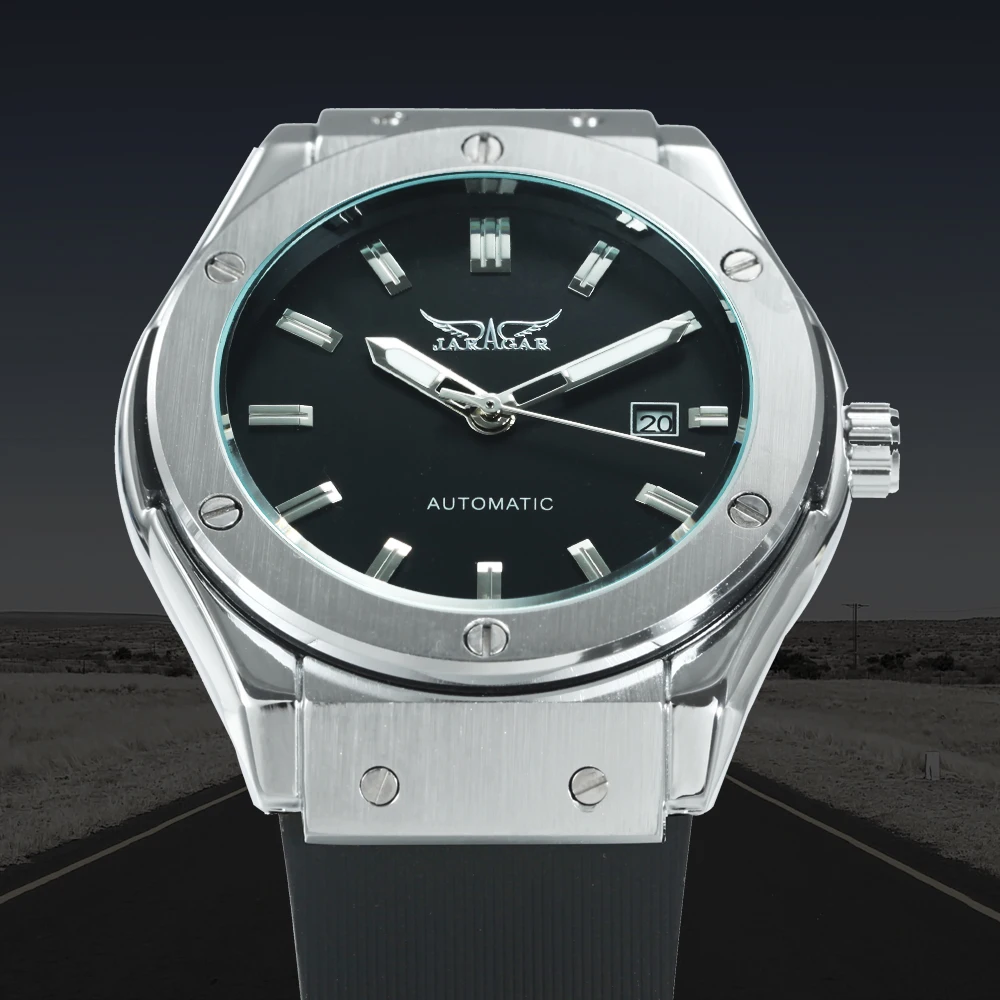 JARAGAR الرياضة عارضة الرجال السيارات الميكانيكية ووتش ساعة بحزام مطّاطي الأسود الهاتفي تاريخ التقويم الأزياء الحد الأدنى تصميم المعصم الساعا...
