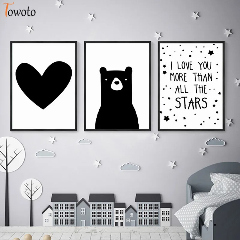 Черно белый плакат с принтом в виде сердца и медведя фотография для украшения